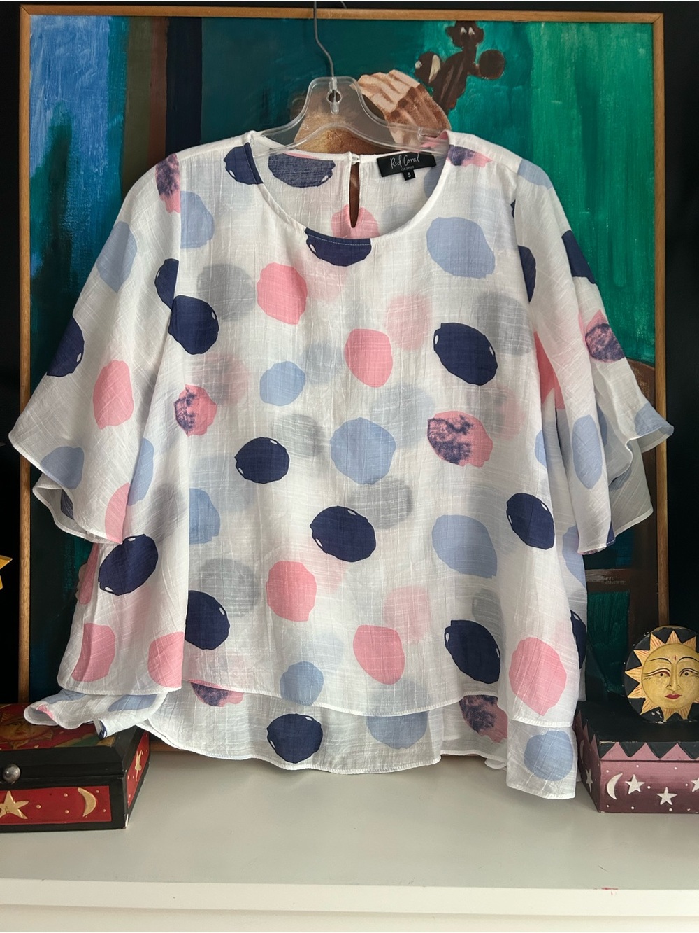 Red Coral Womens Small White Pink Blue Polka Dot Layered Blouse Boho Artsy Top - Picture 13 of 16